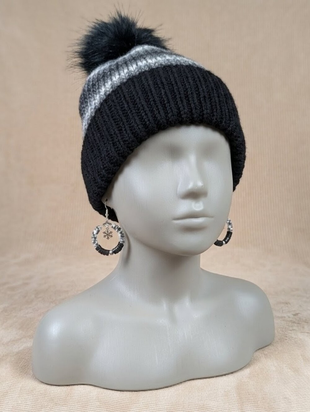 Chic & Cozy Handmade Black and White Acrylic Beanie Hat and Matching Earring Set